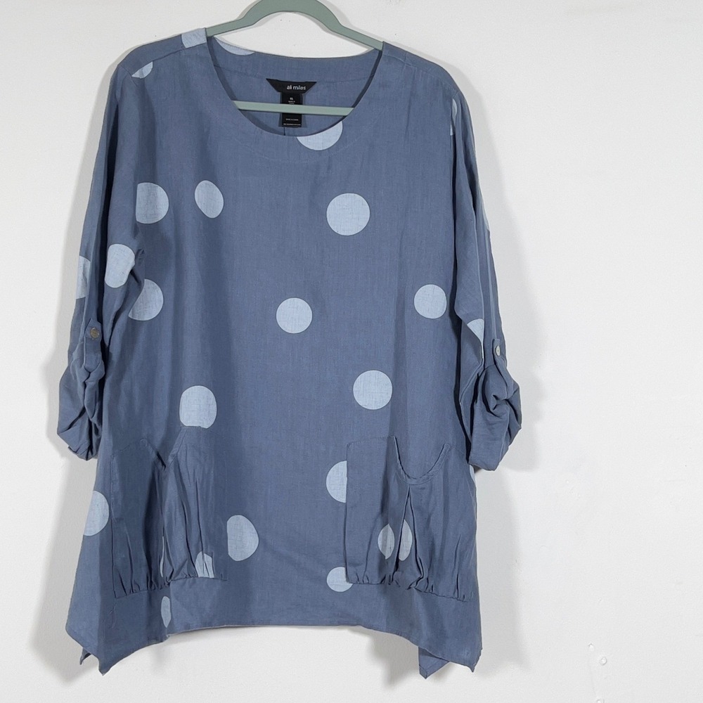 Ali Miles Linen Tunic Top Womens Sz XL Blue Polka Dot Roll Tab Sleeve Pockets